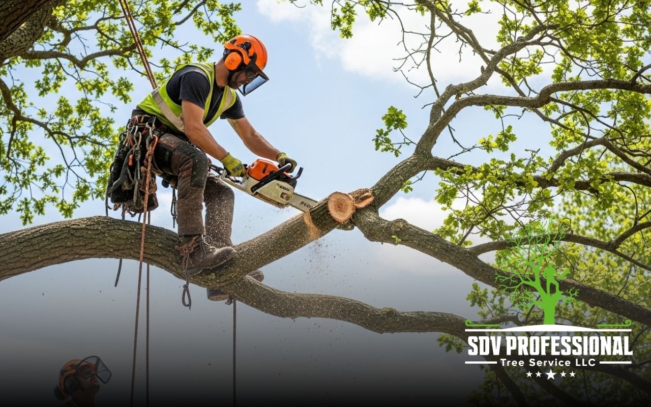 Crew trimming a large yard tree to explain average tree trimming cost in Alabama