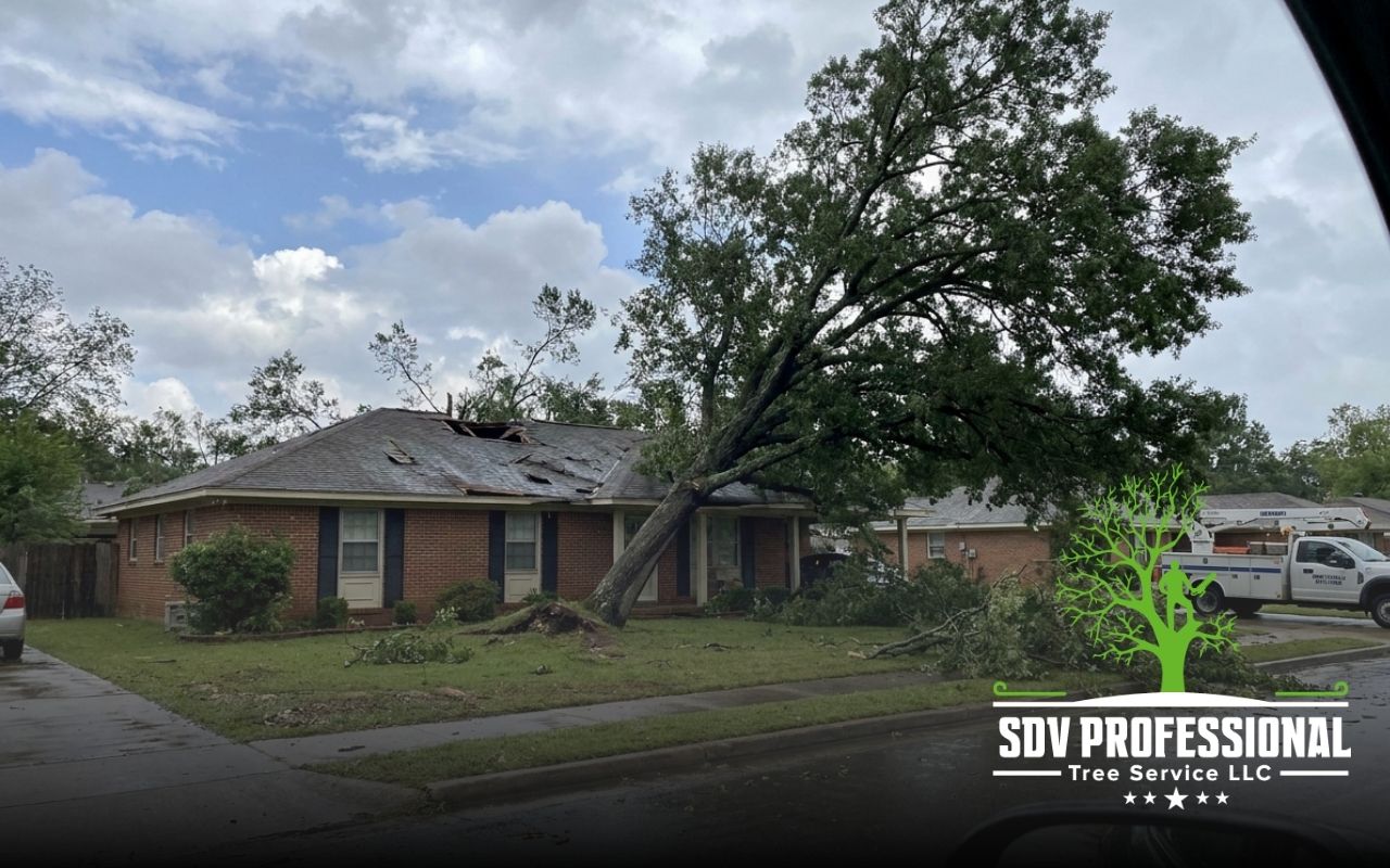 leaning tree after storm in Huntsville AL near a home
