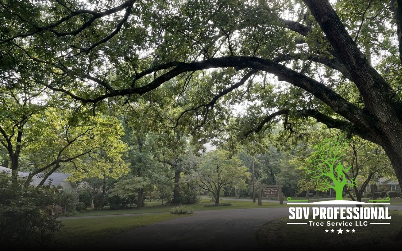 Low hanging tree branches over driveway in Huntsville before trimming