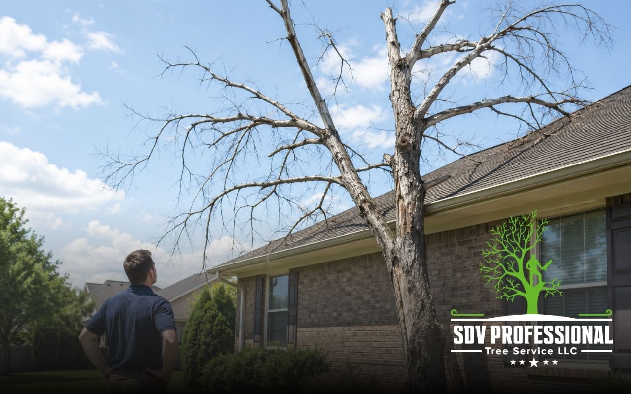 Dead tree near house in Huntsville, AL showing safety risks