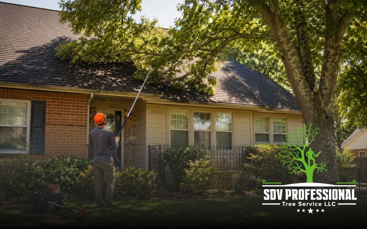 Safe tree trimming near a roof to prevent damage in Huntsville AL
