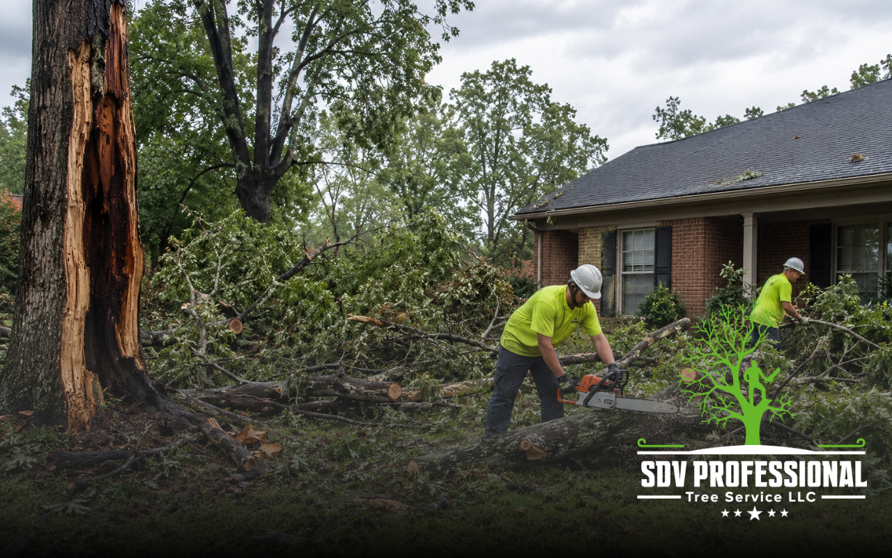 emergency tree removal after lightning in Alabama near a damaged yard