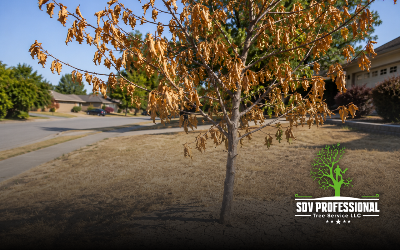 Drought-stressed trees showing brown and wilted leaves
