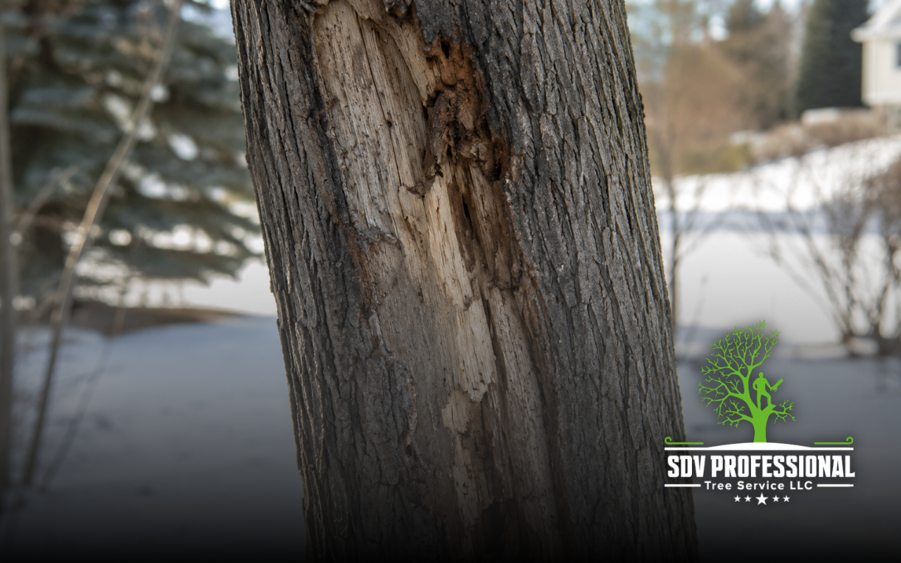 Sunscald on tree bark causing winter trunk damage