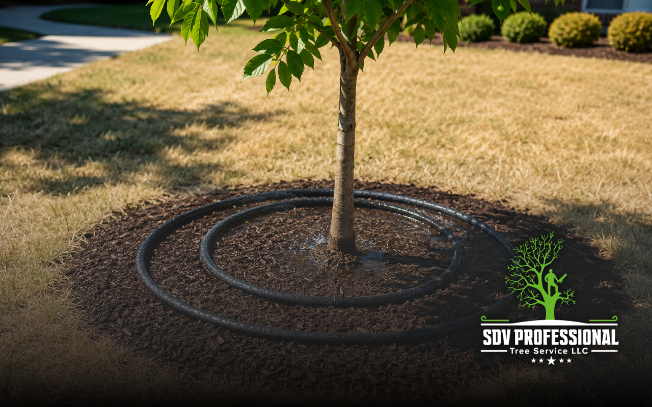 Tree watering during drought with a soaker hose around the root zone