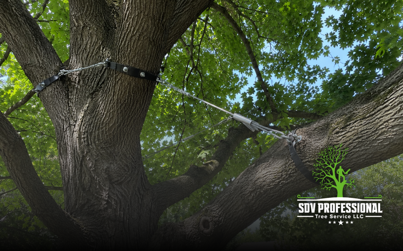 Tree cabling and bracing supporting weak limbs in a mature tree
