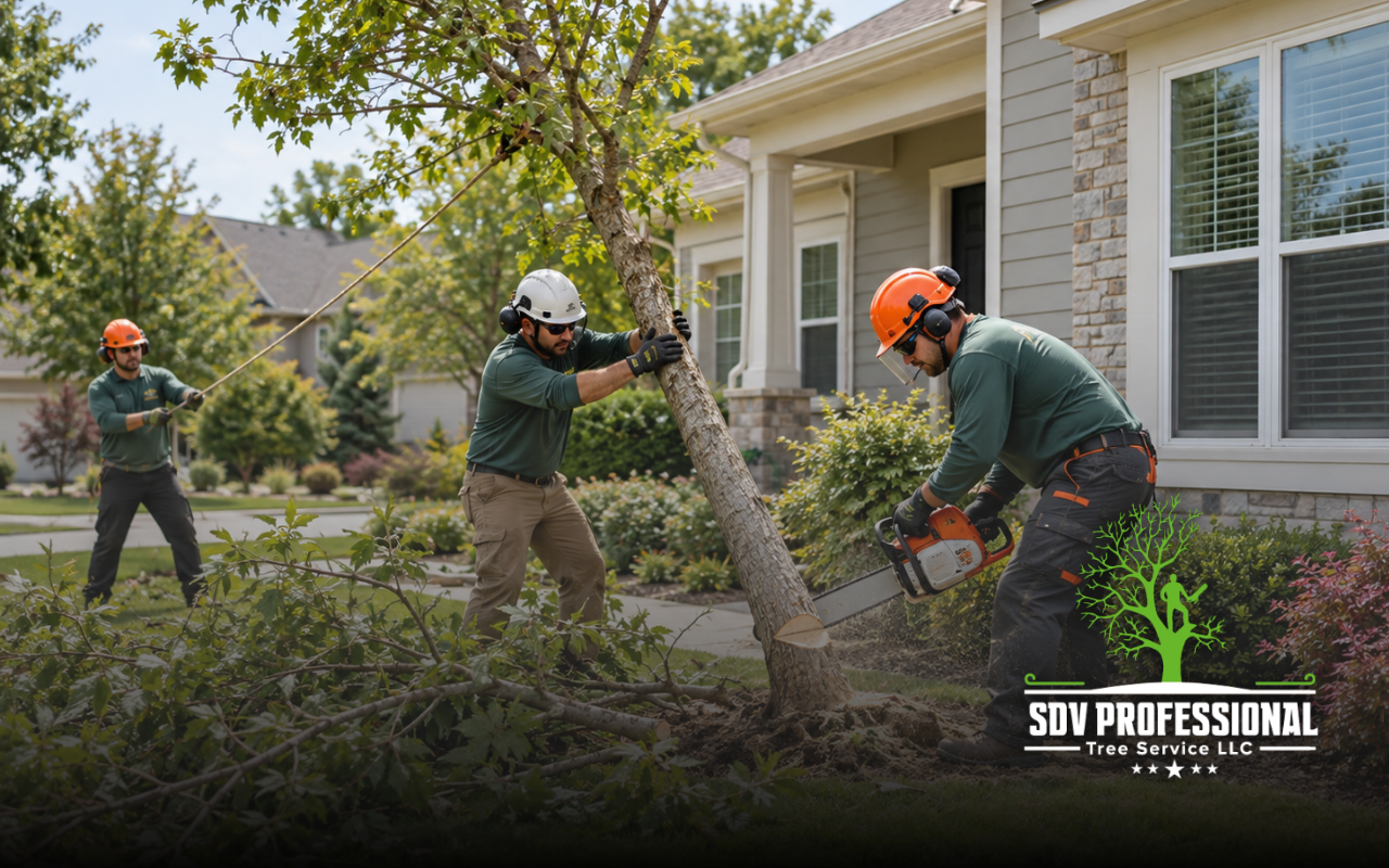 Small tree removal near a residential home and yard