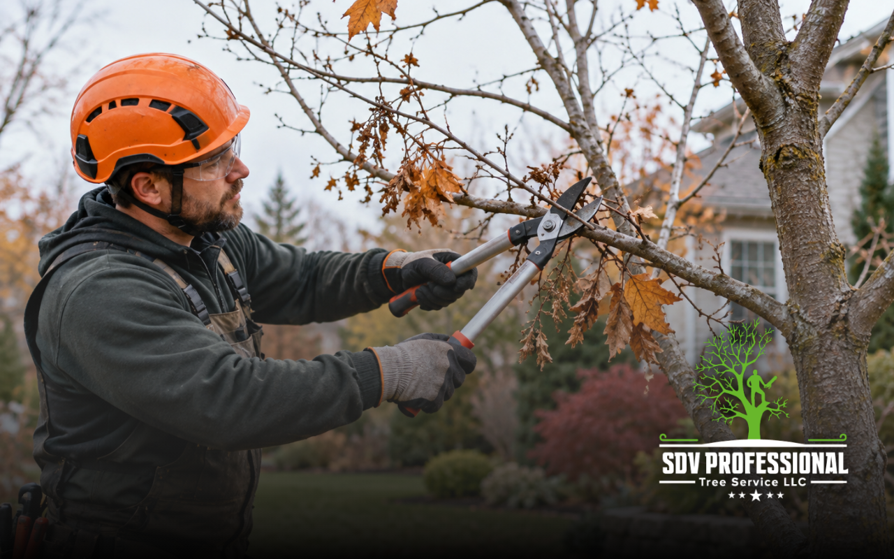 Tree trimming before winter to remove weak garden branches