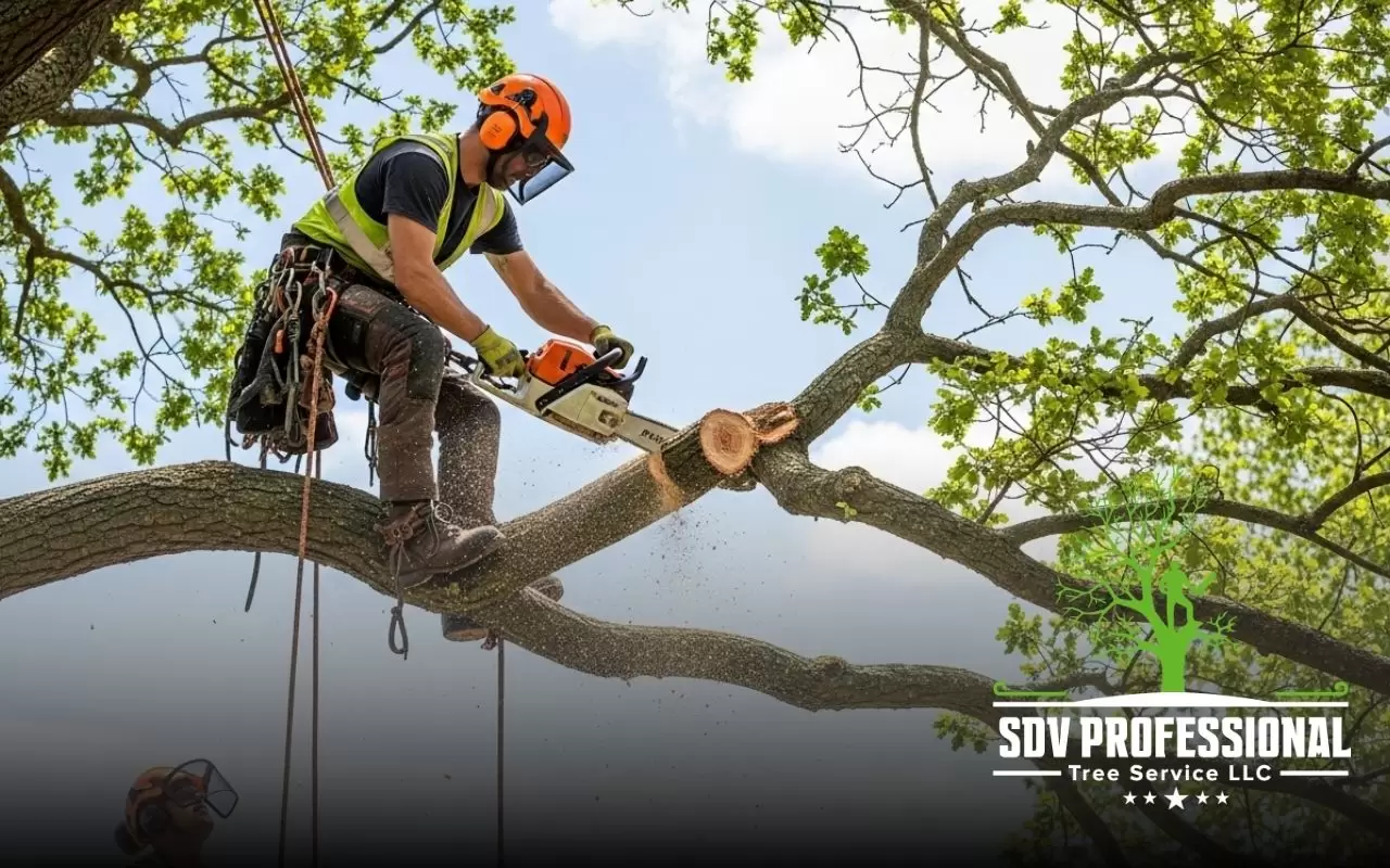 Crew trimming a large yard tree to explain average tree trimming cost in Alabama