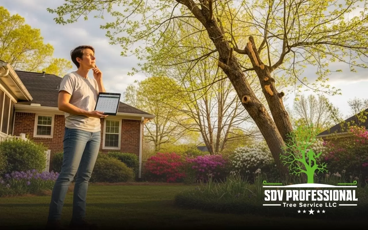 Homeowner checking when to remove a tree in spring in Alabama