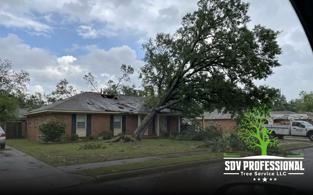 leaning tree after storm in Huntsville AL near a home