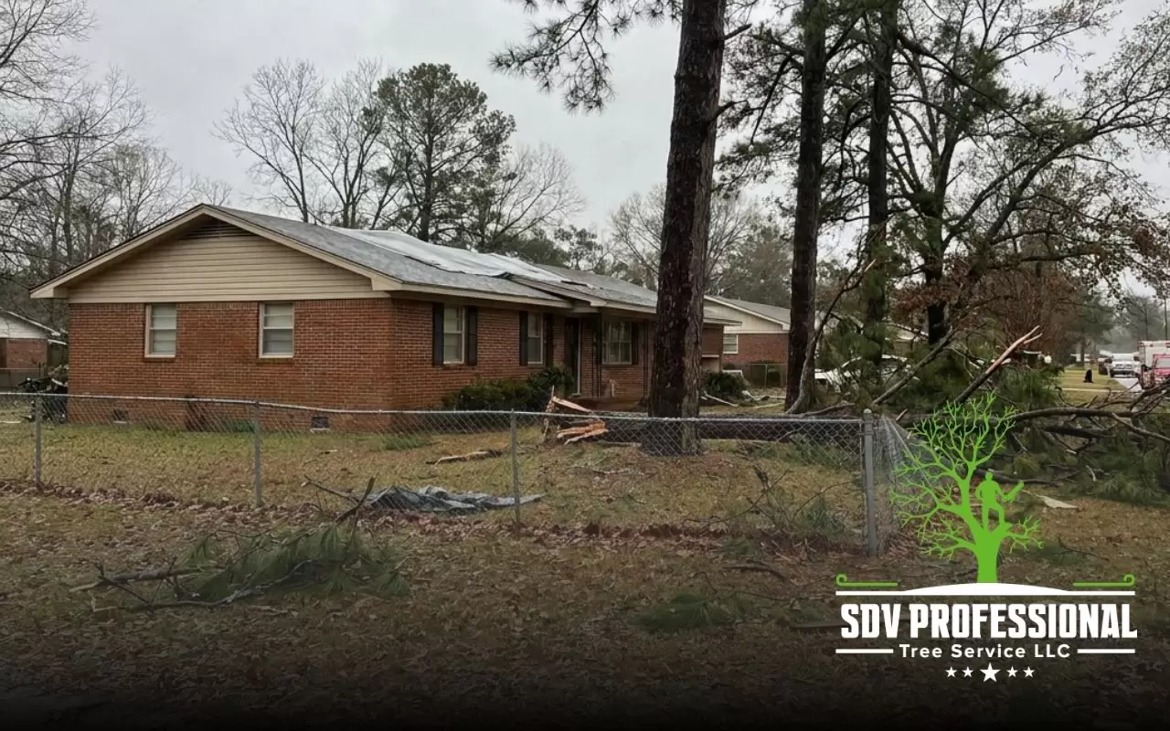 storm damaged trees in Cullman AL near a residential yard