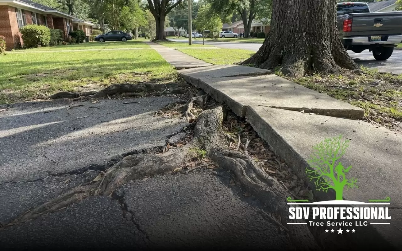 tree roots damaging driveway in Alabama near raised concrete