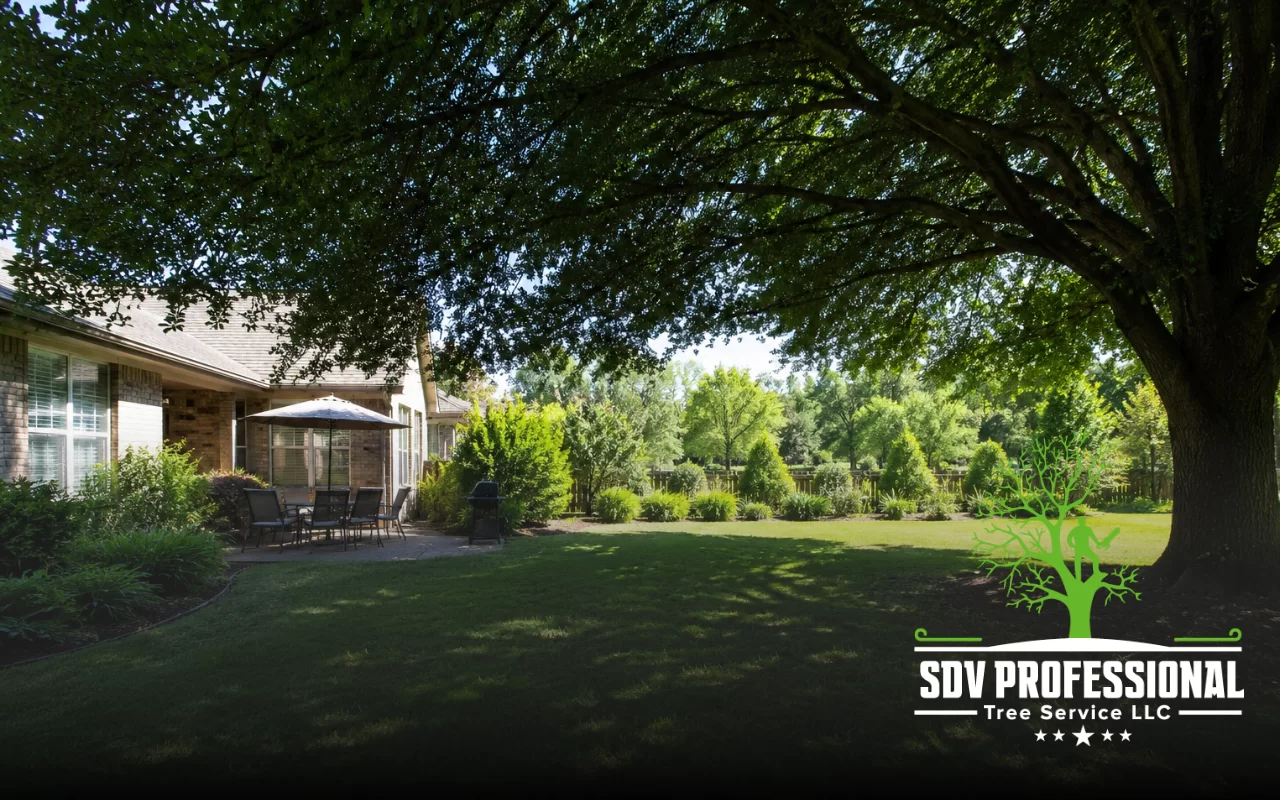 Tree canopy blocking sunlight in Alabama over a shaded home yard