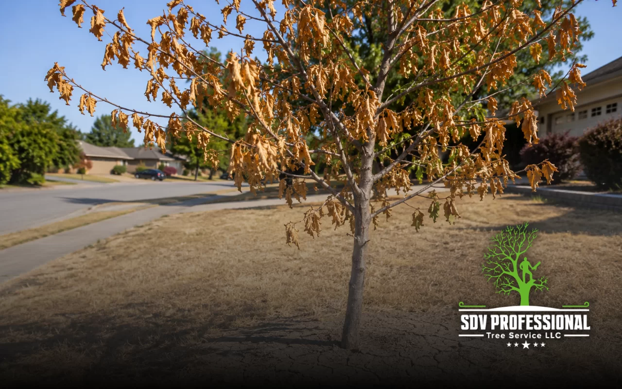 Drought-stressed trees showing brown and wilted leaves